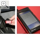 PV LIVE! 2009 Der LAUNCH Pocket Tester X-431 DIAGUN kommuniziert via Bluetooth mit der entfernten Schnittstellenbox an der OBD Schnittstelle.  